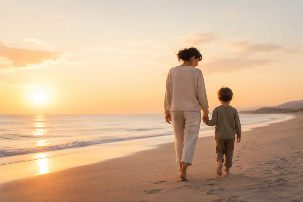 Mujer caminando con niño por la playa al atardecer durante separación y divorcio con hijos